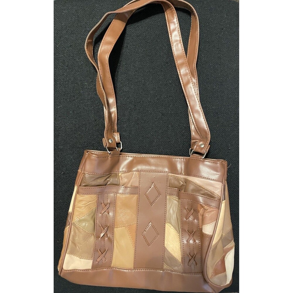 "Luis Santini" Brown Tones Patchwork Faux Lamb Leather Polyester Bag Purse VTG